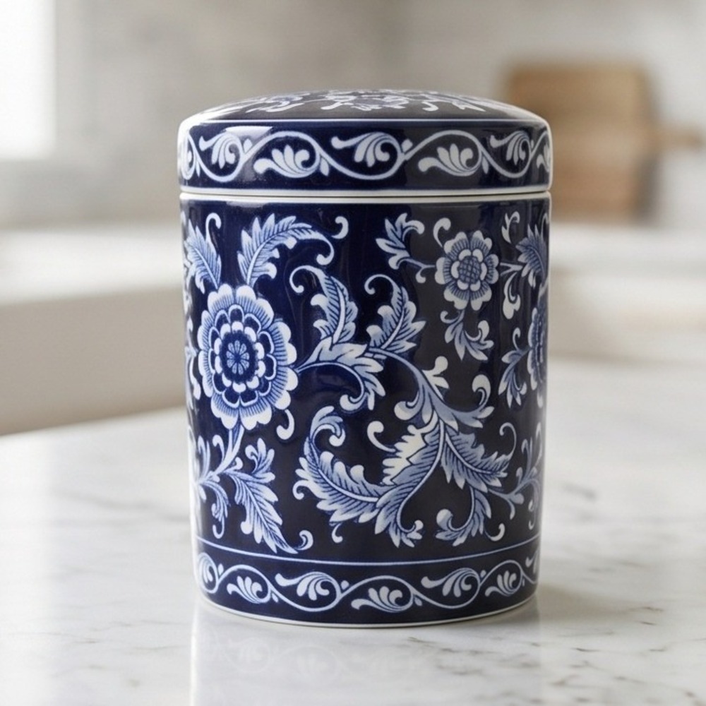 Pier 1 Mandarin Lidded Canister Jar 7.5" Cobalt Blue & White‎ Vintage Heavy